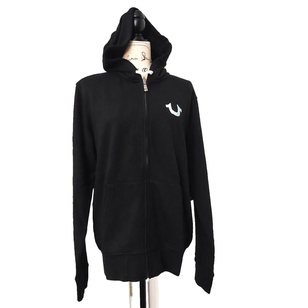 True Religion Brand Jeans Western Splice Zip Up Hoodie Sweatshirt Black Sz L NWT